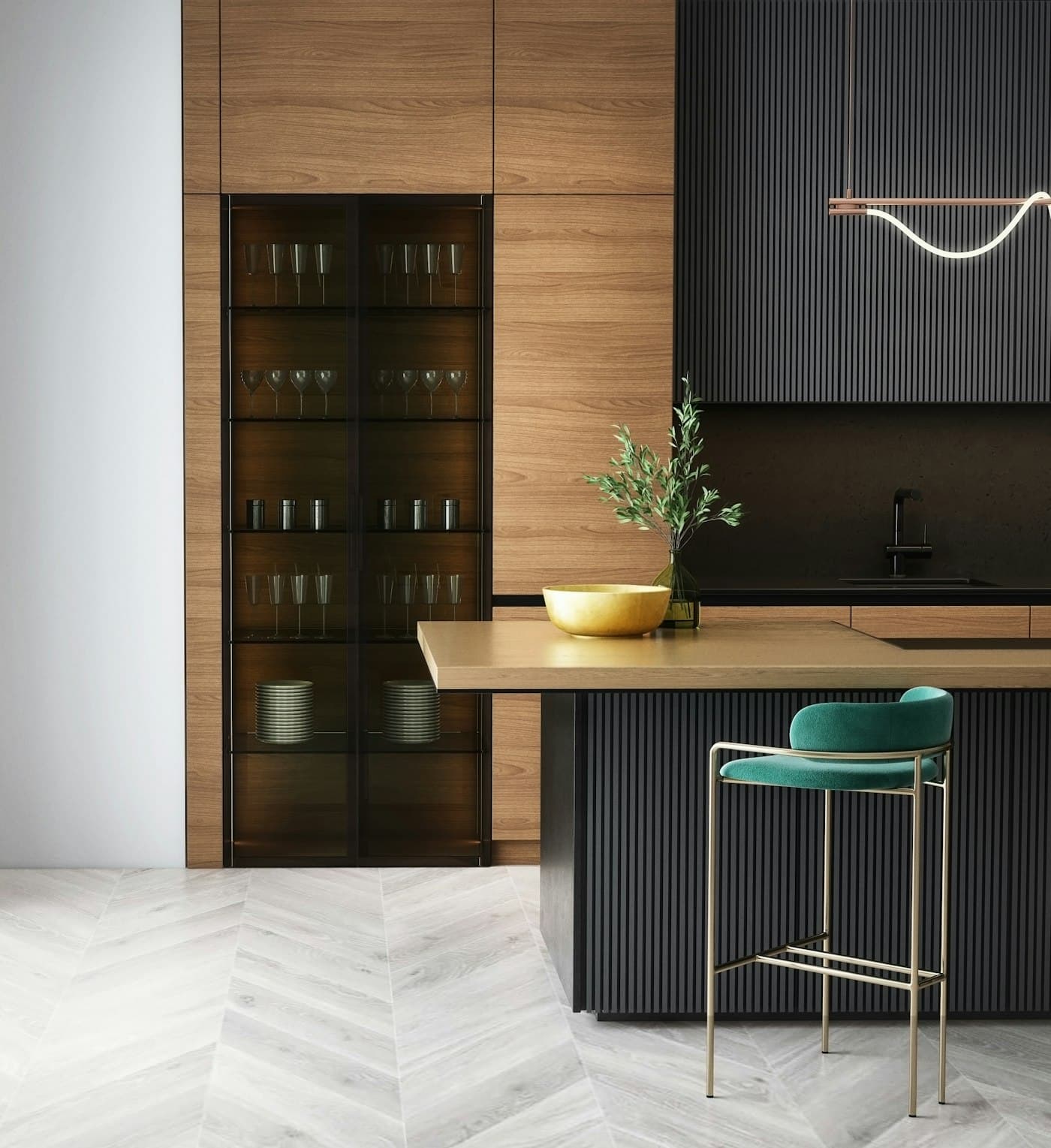 Chevron hardwood flooring with custom wood cabinetry
